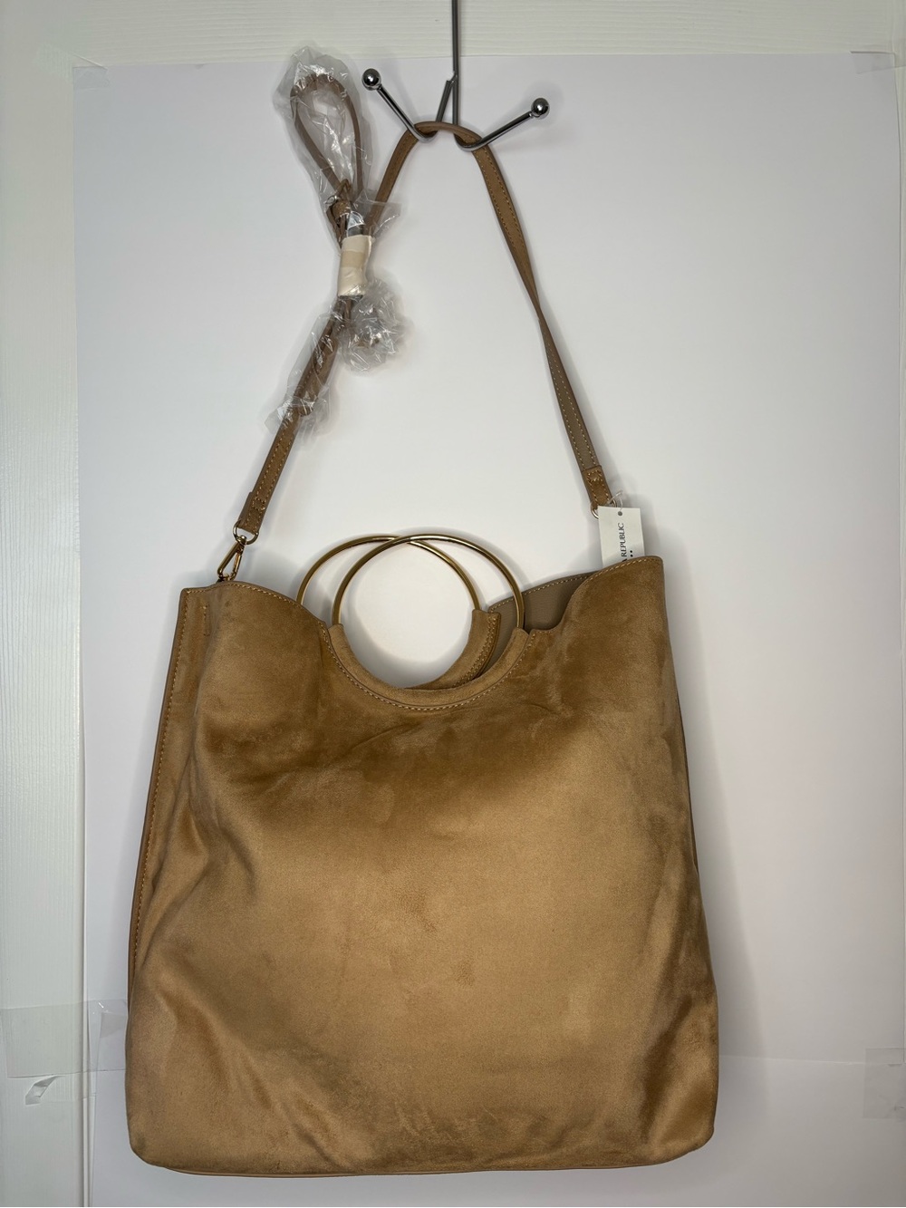 NWT Banana Republic Tan “Suede”Tote with Gold Circle Handles and Shoulder Strap